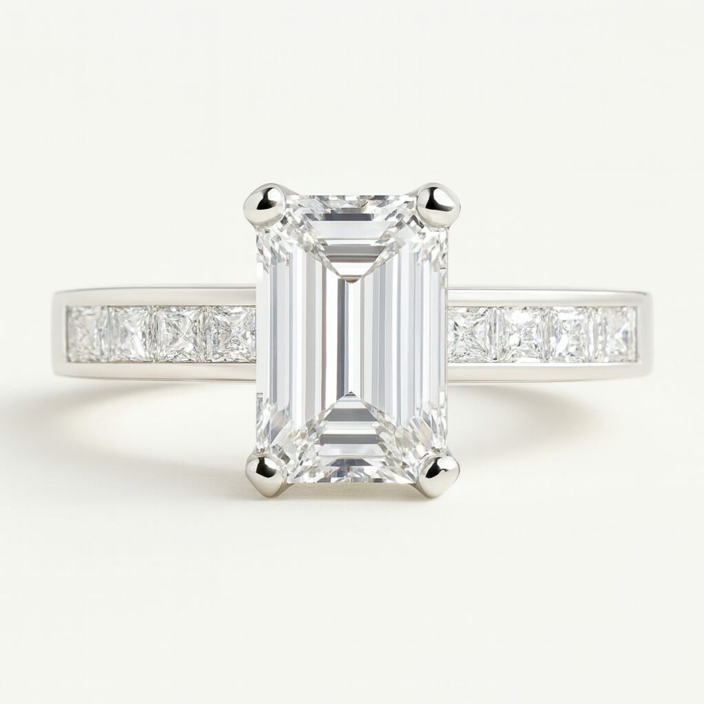 Bague diamant taille émeraude et princesses sur l'anneau