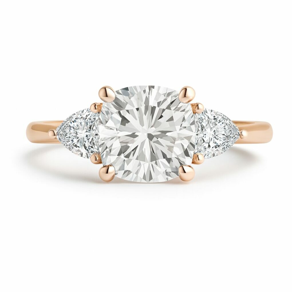 Bague Or Rose 18 K - Diamant coussin naturel et triangles