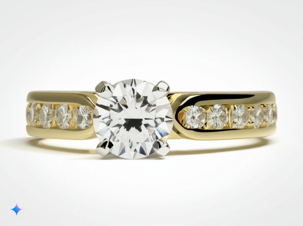 Yellow gold solitaire ring with diamond paving - BP03