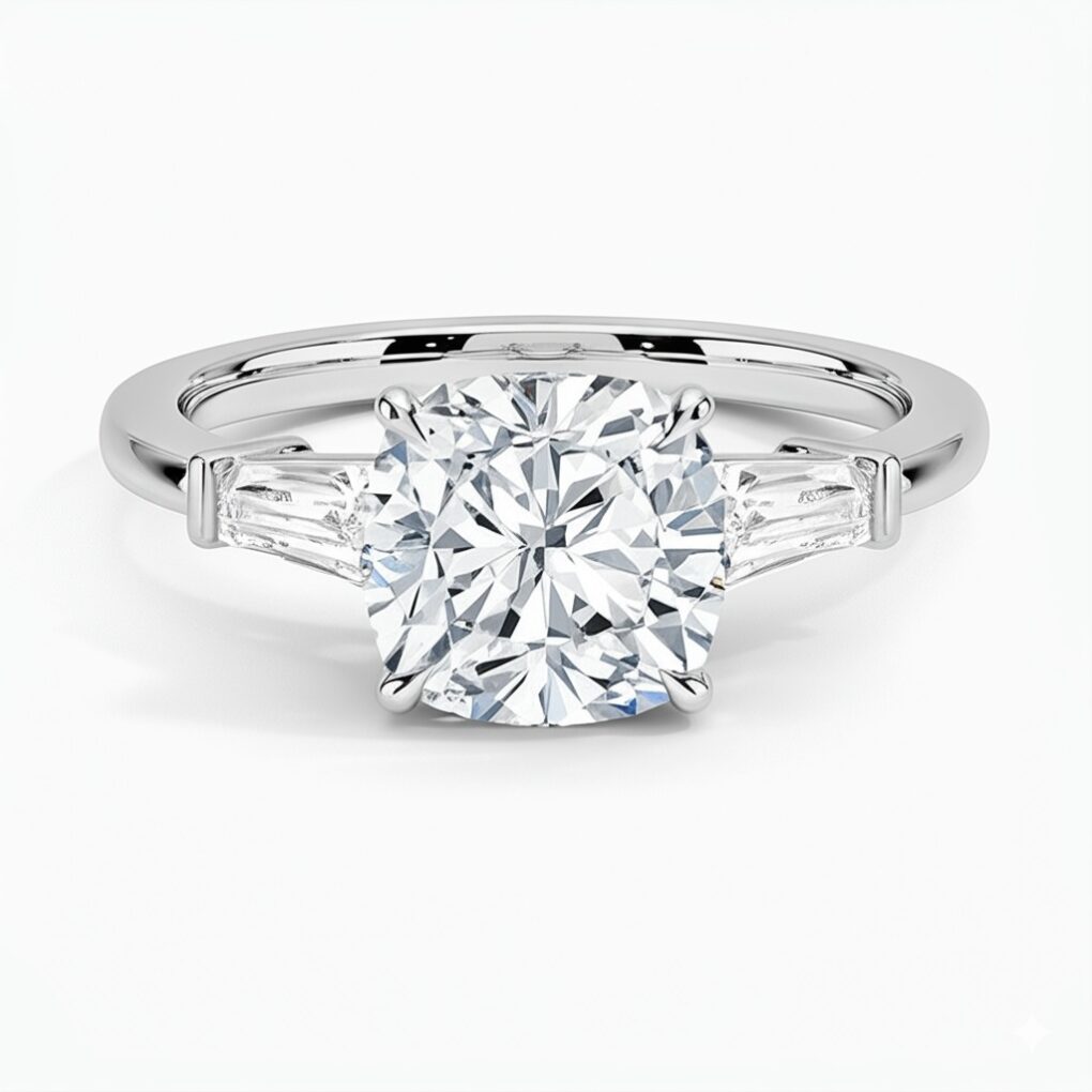 Diamant naturel taille coussin + 2 diamants tapers